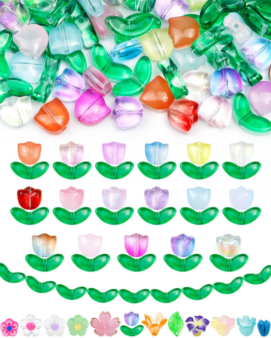 FIVEIZERO 340PCS Glass Tulip Flower Beads, 17 Colors Crystal Floral Bead Charms for Bracelets, Necklaces & DIY Jewelry Making Crafts