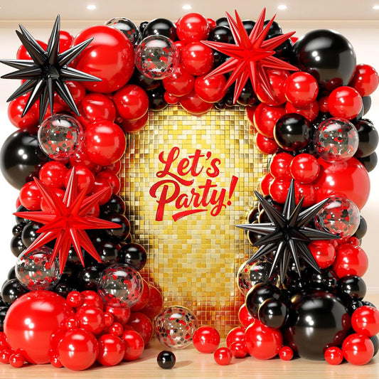 153Pcs Red & Black Balloon Garland Arch Kit - Stars & Confetti Latex Balloons for Birthday, Graduation & Party Decor