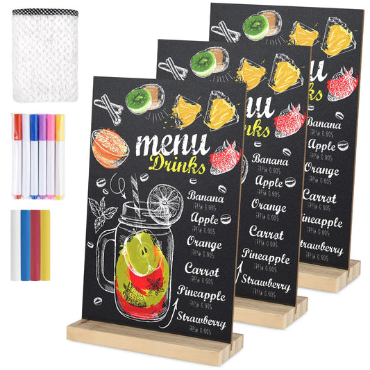 BOUBONI 3 Packs Small Chalkboard Sign 5.1x7.9 Inch With Wood Base - Double-Sided Message Boards Menu Stand for Kitchen, Wedding, Bar and Restaurant