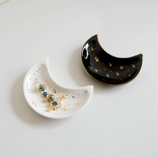 BIHOIB Small Moon Jewelry Dish Tray, Set of 2, Decorative Ceramic Trinket Dish, Modern Accent Tray for Vanity (White and Black)