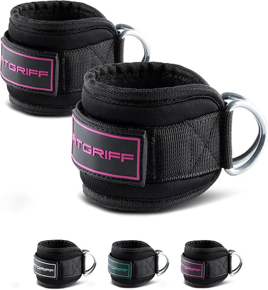 Fitgriff® Ankle Straps V3 for Cable Machine (2 Pieces) - Gym Workout Equipment - Leg Pulley Attachment, Kickback Straps