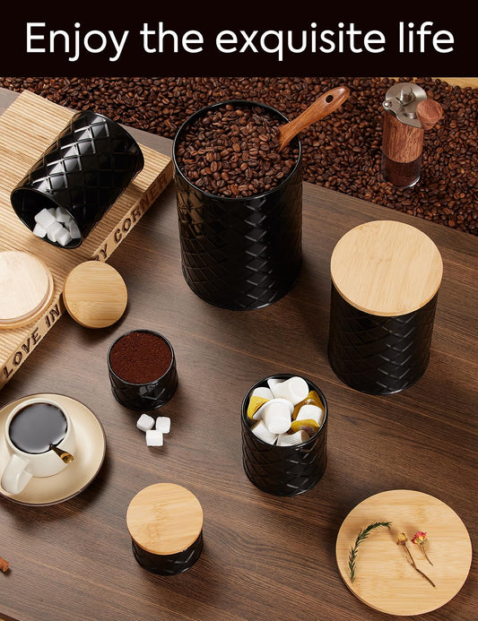 FavorFlavor Kitchen Storage Containers for Countertop Set of 6,Food Containers with Airtight Lids,Flour and Sugar Storage Containers,Black Canister Set for Coffee and Tea,Farmhouse Kitchen Decor