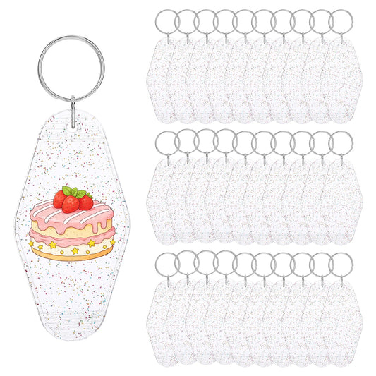 ShioShin 30 Pcs Hotel Keychains Blank Bulk, Hotel Keychain Glitter Rhombus Motel Keychain Blank with Key Rings, Clear Transparent Key Tags for Luggage Tags DIY Crafts