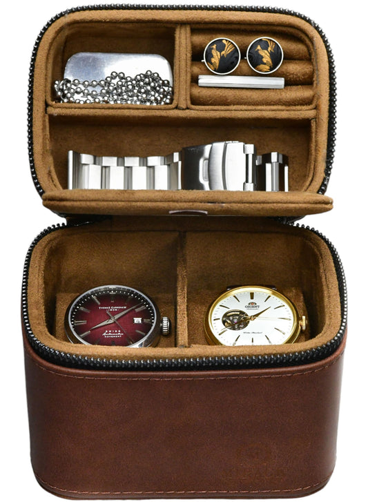 Leather Watch and Jewelry Travel Case for Men – Cufflink and Watch Band Travel Case Organizer – Coffee Brown Swiss-Motif Genuine Leather