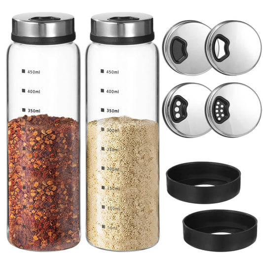 2 Pcs Large Salt and Pepper Shakers, 500ml Glass Spice Bottles with Adjustable Pour Holes, Spice Dispensers with Non-Slip Silicone Bases, Seasoning Jars with Rotating Steel Lids for