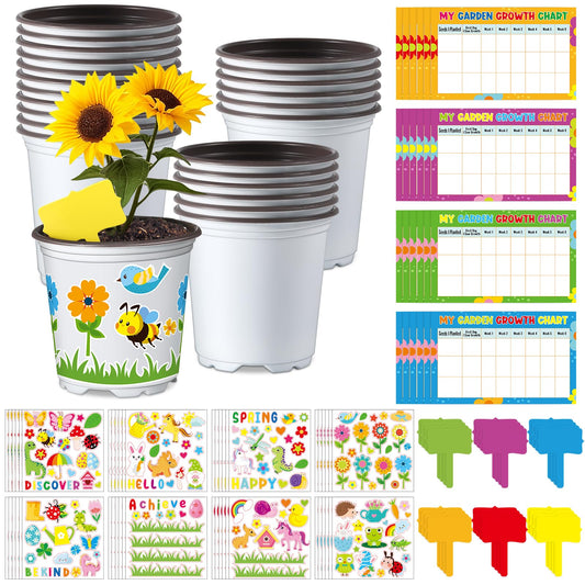 Capoda 48 Sets Garden Flower Pots Crafts Kit DIY Spring Plastic Seedling Nursery Pots with Stickers Plant Labels Growth Charts Planting Growing Tools Classroom Activities Project Gifts (Round)