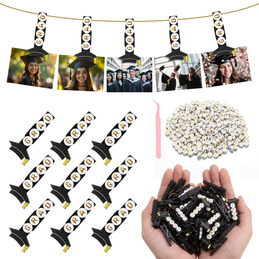 Amyhill Graduation Photo Clips for Picture Display 2026 Graduation Cap Close Pins for Photo Display Banner DIY Craft Kits 50 Clips with 400 Letter Beads 33ft Jute Twine for Grad Party Decorations