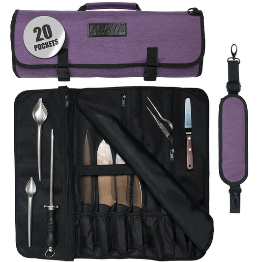 Asaya Waxed Nylon Chef Knife Roll Bag with 20 Slots and Zippered Pockets - Professional Chef Knife Bag & Storage Case, Tool Carrier with Shoulder Strap - Knives Not Included (Purple)