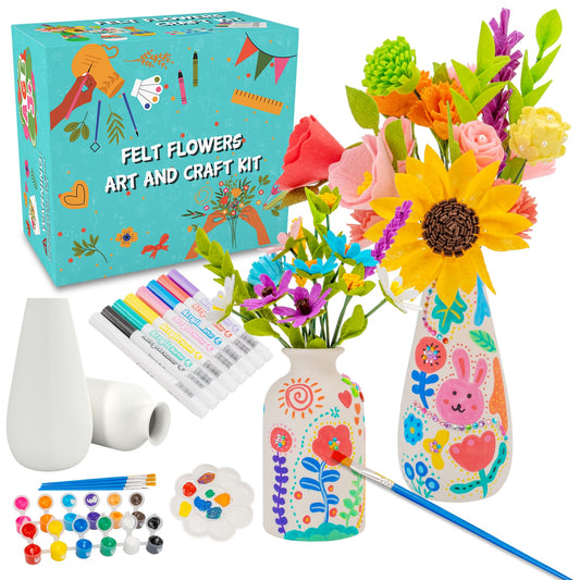 FTBox Crafts Kit for Girls Ages 6-12, Felt Flowers Bouquet and Paint Vase Art Craft Project for Girls, DIY Activity Christmas Birthday Gift for Kids Age 8 9 10 11 12 Year Old (Ceramic Vases)