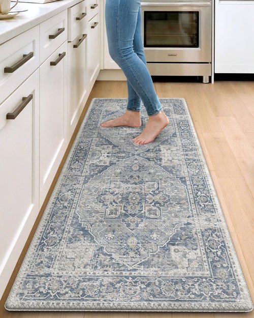 DEXI Kitchen Floor Mats Anti Fatigue, 23x59 Large Cushioned Vintage Runner Rug Waterproof, Standing Comfort Memory Foam Padded for Front Sink Laundry Office, Light Grey and Blue