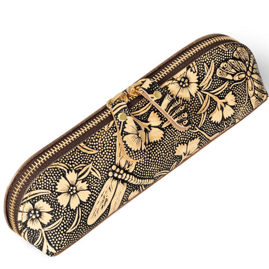 Gexmil Genuine Leather Pen Case, Full Grain Leather Pencil Holder, Hand-made Stationery Bag for Work & Office, Vintage Style, Butterfly Grey