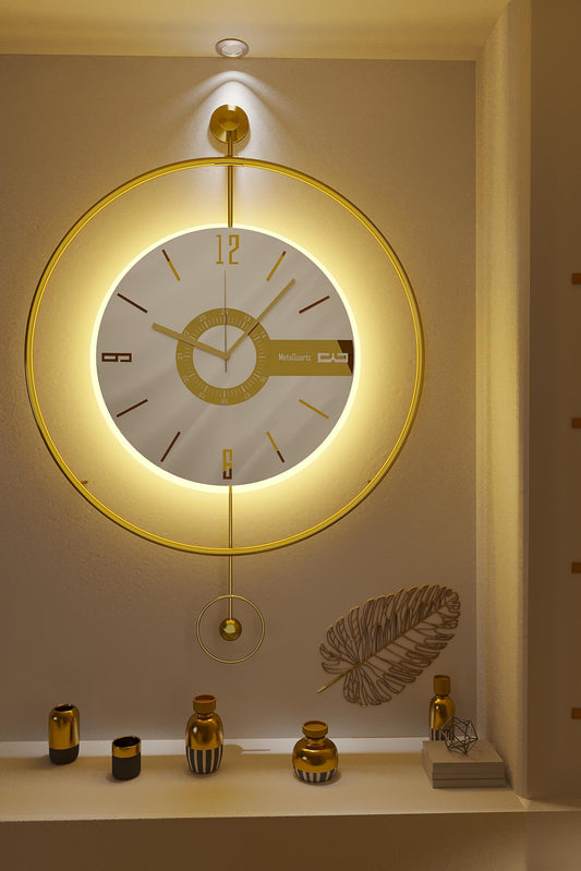 FUNTLY Large Luxury LED Backlit Wall Clock – Pendulum Roman Numeral Metal Ring, Silent Non-Ticking Decorative Clock for Living Room Bedroom Entryway, Modern Halo Glow (Elit Gold)