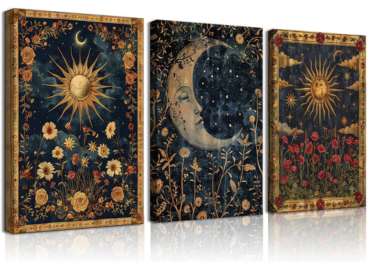 3pcs Sun and Moon Celestial Canvas Wall Art Tarot Crescent Moon Picture Wall Decor Gothic Wildflowers Painting Posters Print Artwork Aesthetic Dark Academia Vibe for Bedroom Home Decor(12x16in canvas)