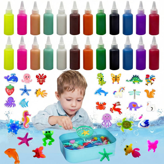 DIY Magic Gel Water Pets Sensory Play,Easy-To-Mold Aqua Fairy Water Gel Kit,Non-Fading Fine Motor Skills Craft,Relaxing Healing Activity for Rainy Days,Bath Time & School Projects(24 bottles 20 molds)