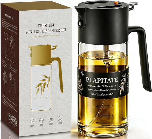 PLAPITATE Premium Olive Oil Sprayer - 17oz Glass Dispenser with Portion Control for Cooking | Black
