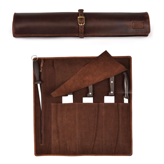 LEATHER VILLAGE Genuine Leather Knife Roll Bag – Professional Chef Carrying Case, Durable Sheath Holder, Cooks & Culinary Tools Organizer, Portable Travel Storage with 4 Slots & Zipper - Cherry
