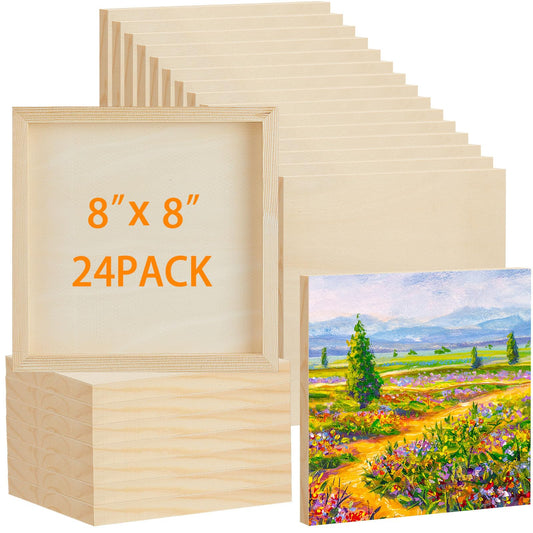 Barydat 24 Pcs Wood Panels for Painting 8'' x 8'' Unfinished Wood Canvas Board Artist Wall 0.79'' Deep Wooden Cradled Panels for DIY Crafts, Easel Display, Painting Pouring Arts Use with Oils, Acrylic