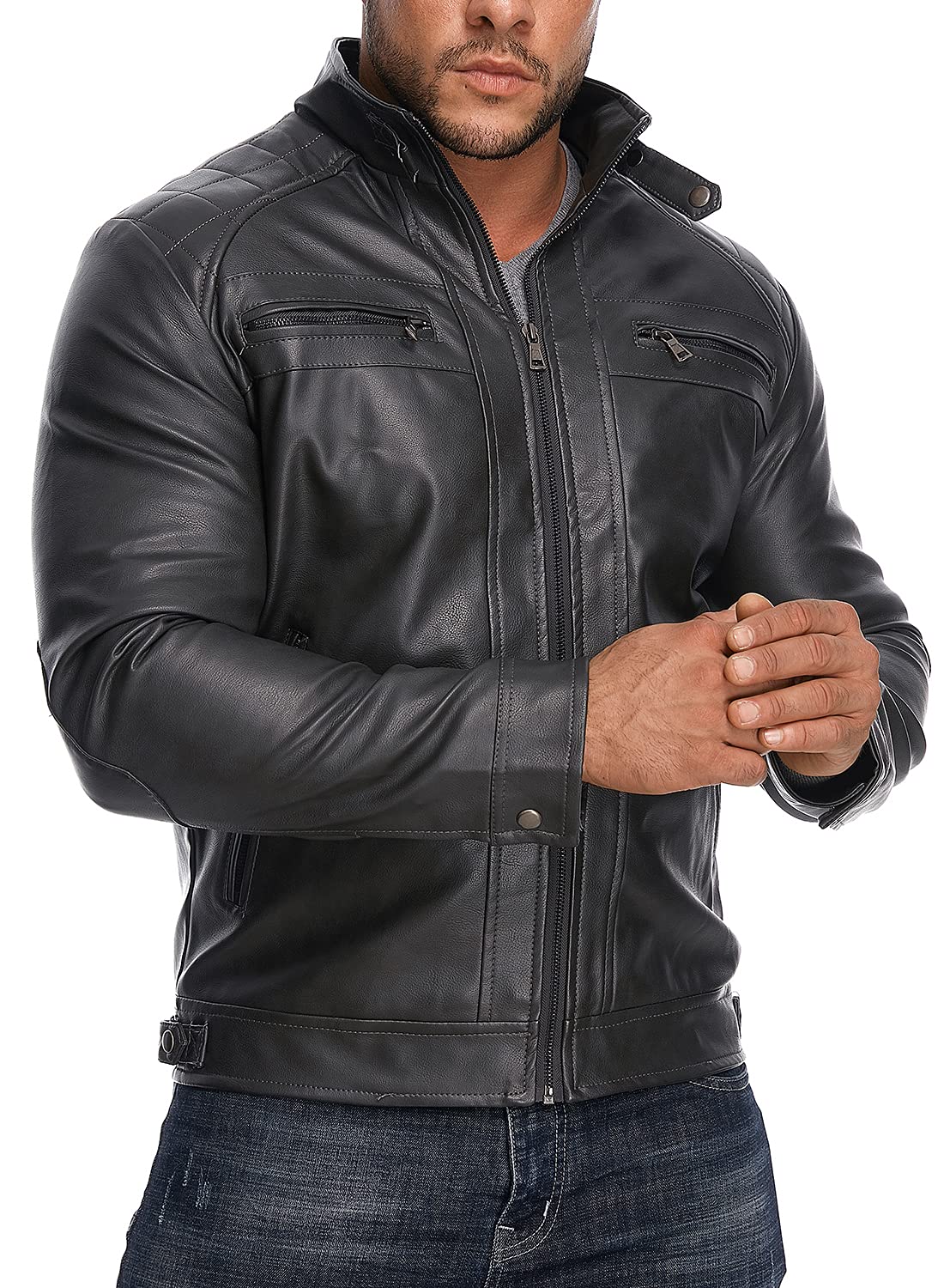 HOOD CREW Men’s Stand Collar Leather Jacket Casual Faux Leather Motorcycle Jacket Outerwear Coat with Zipper Pockets Black L