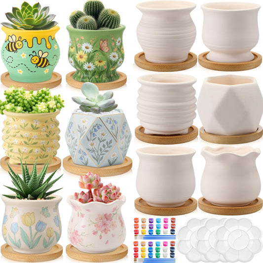Leitee 15pcs Flower Pots 3 Inch Paint Your Own Ceramic Pot Craft Kit Ready-to-Paint Small Succulent Pots Bulk with Drainage Hole Paint Set Mini Paintable Plant Vase for Spring Birthday DIY Gift