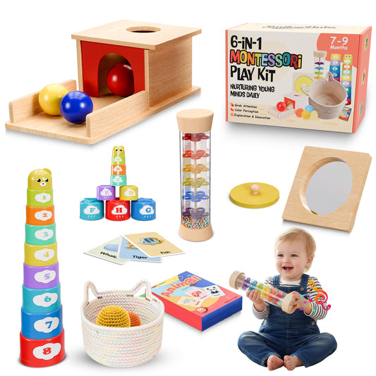 SmileyBubs Montessori Baby Toys 7–9 Months, Developmental Tools for 7+ Month Babies, Baby Sensory Toys - A Sliding Box, Mirror Puzzle, Stacking Cups, Treasure Basket, Rain Stick, Animal Flashcards
