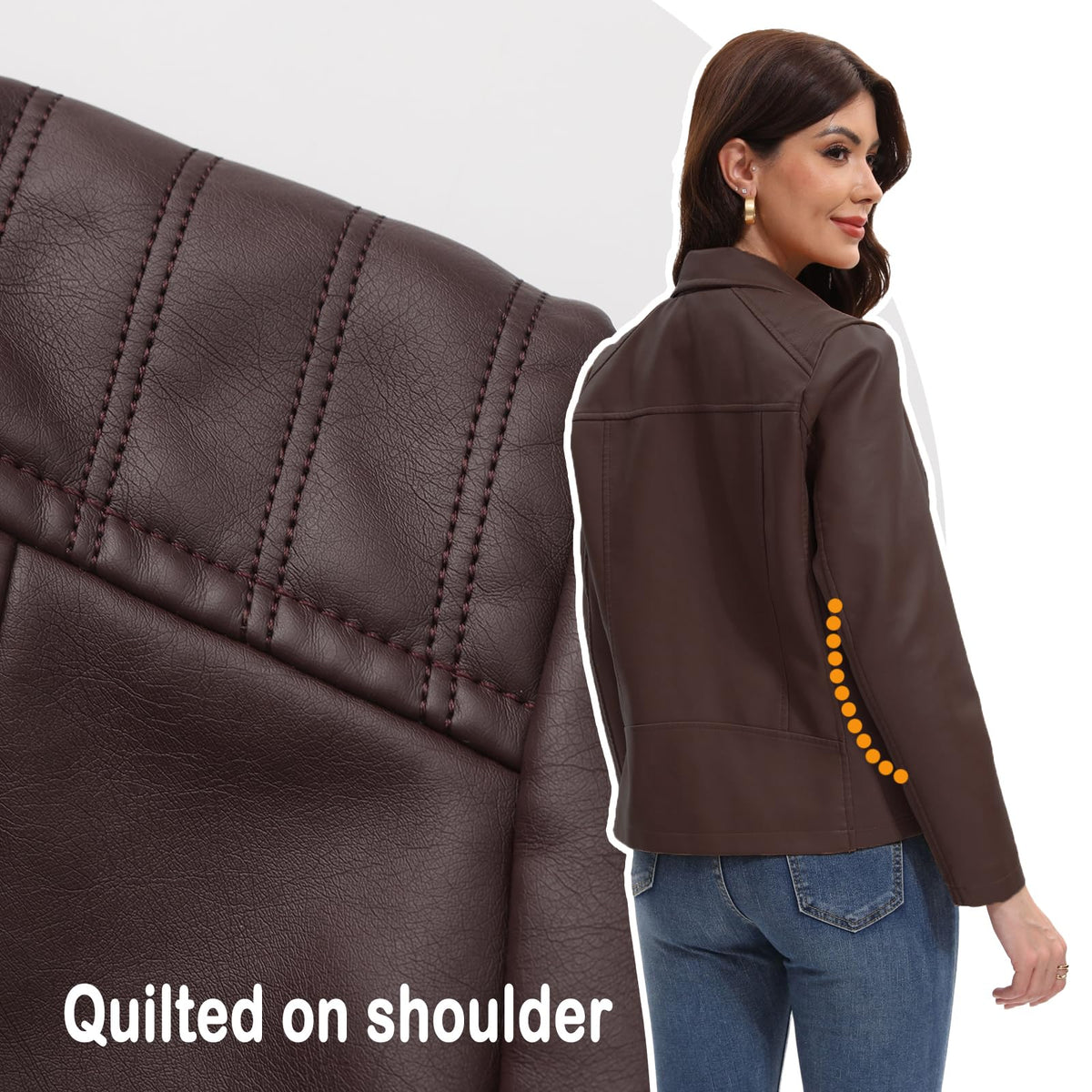 CHIGUO Faux Leather Jacket for Women Motorcycle Fashion Zip Up Coat Trendy Going Out Jackets (Coffee,Large)