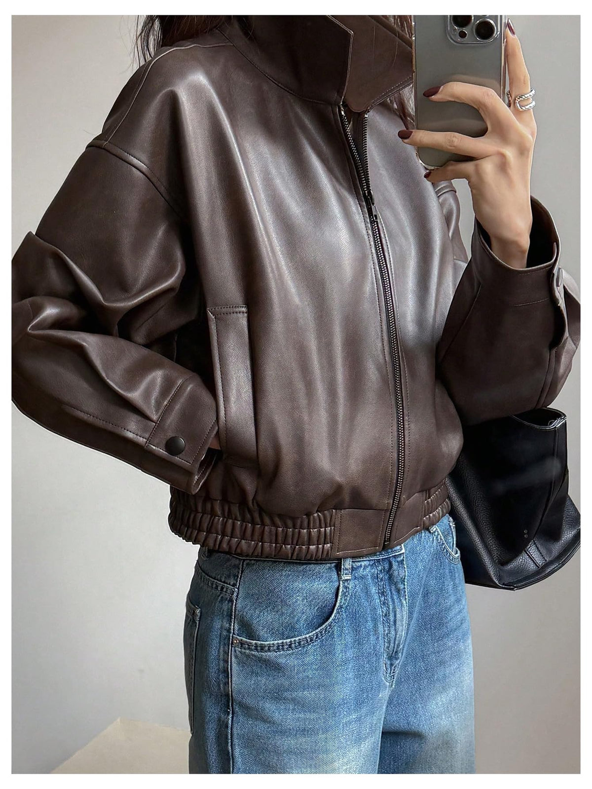 Milumia Women's Faux Leather Zip Up Jacket Vintage Collared Long Sleeve Motorcycle Jackets Brown Small