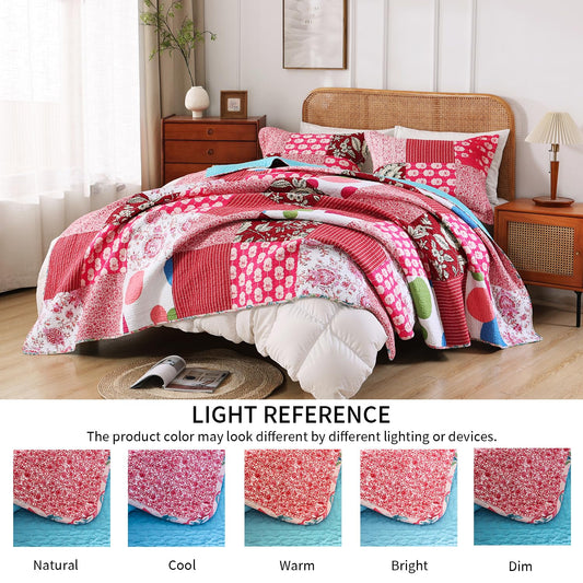 BOV Farmhouse Quilt Queen – 100% Cotton Patchwork Reversible Quilt Bedding Set, Pink Floral Cotton Quilt with Abstract Geometric Design, Bohemian Quilt Set with 2 Pillow Shams, Farmhouse Bedspreads