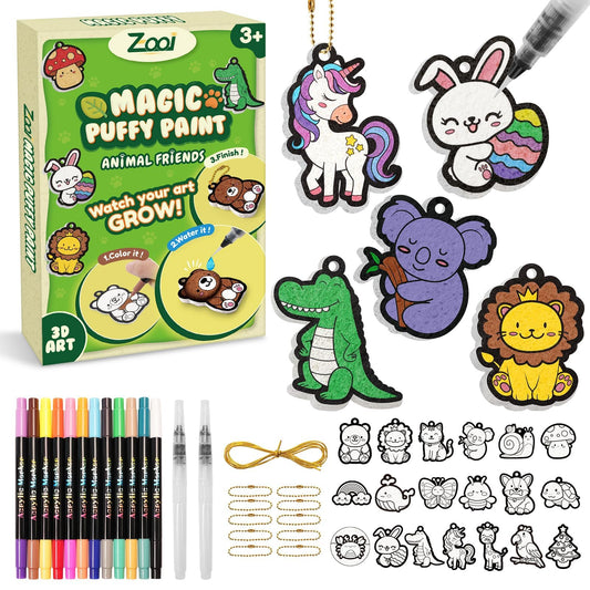 ZOOI Gifts for Kids Magic Puffs Animals, Crafts for Kids Ages 4-8, 3D Art Kit DIY Color Inflate Activity, 19 Mess-Free Paint by Number Craft for Kids, Travel Creative Gift for Girls Boys Ages 3-12