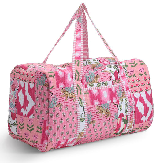 SilTriangle Large Cotton Patches Duffle Bags Block Print Quilted Fabric Weekender Bags for Women Holiday Gifts Handmade Colorful Travel Overnight Bag