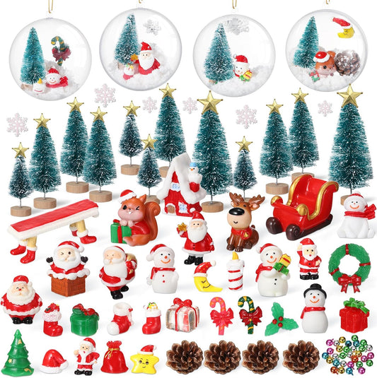 Roowest Miniature Ornaments - 96 Pcs DIY Snow Globe Kit for Christmas Village Decor | Snowman, Reindeer, Santa, Teal