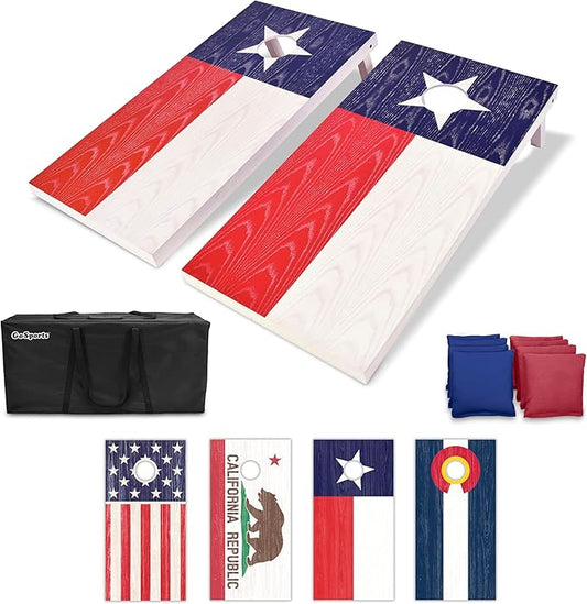 GoSports 4 x 2 ft Flag Series Wood Cornhole Sets – American Flag or State Flags – Includes 2 Regulation Size Boards, 8 Bean Bags, Carrying Case and Rules
