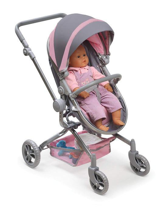 Badger Basket Foldable Doll Stroller & Pram for Dolls - Convertible Toy with Canopy, Basket & Soft Handle - Lightweight, Easy to Use for Girls Ages 3+- Gray/Pink