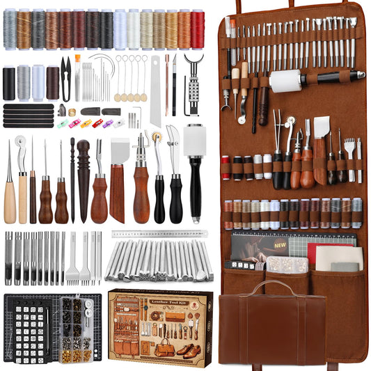 CBHGFEA Leather Working Kit, Leather Working Tools and Crafting Kit with Custom Storage Bag, Engraving, Cutting, Sewing, Stamping, Sanding Supplies for DIY Handicraft Making and Repair
