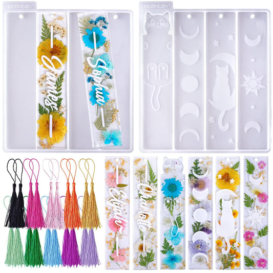 LET'S RESIN Bookmark Resin Molds Silicone 1.5'' Wide, Blank and Cat Moon Pattern Silicone Bookmarks Molds Kit with 20pcs Tassels, Rectangle Bookmark Molds for Epoxy Resin Casting Crafts