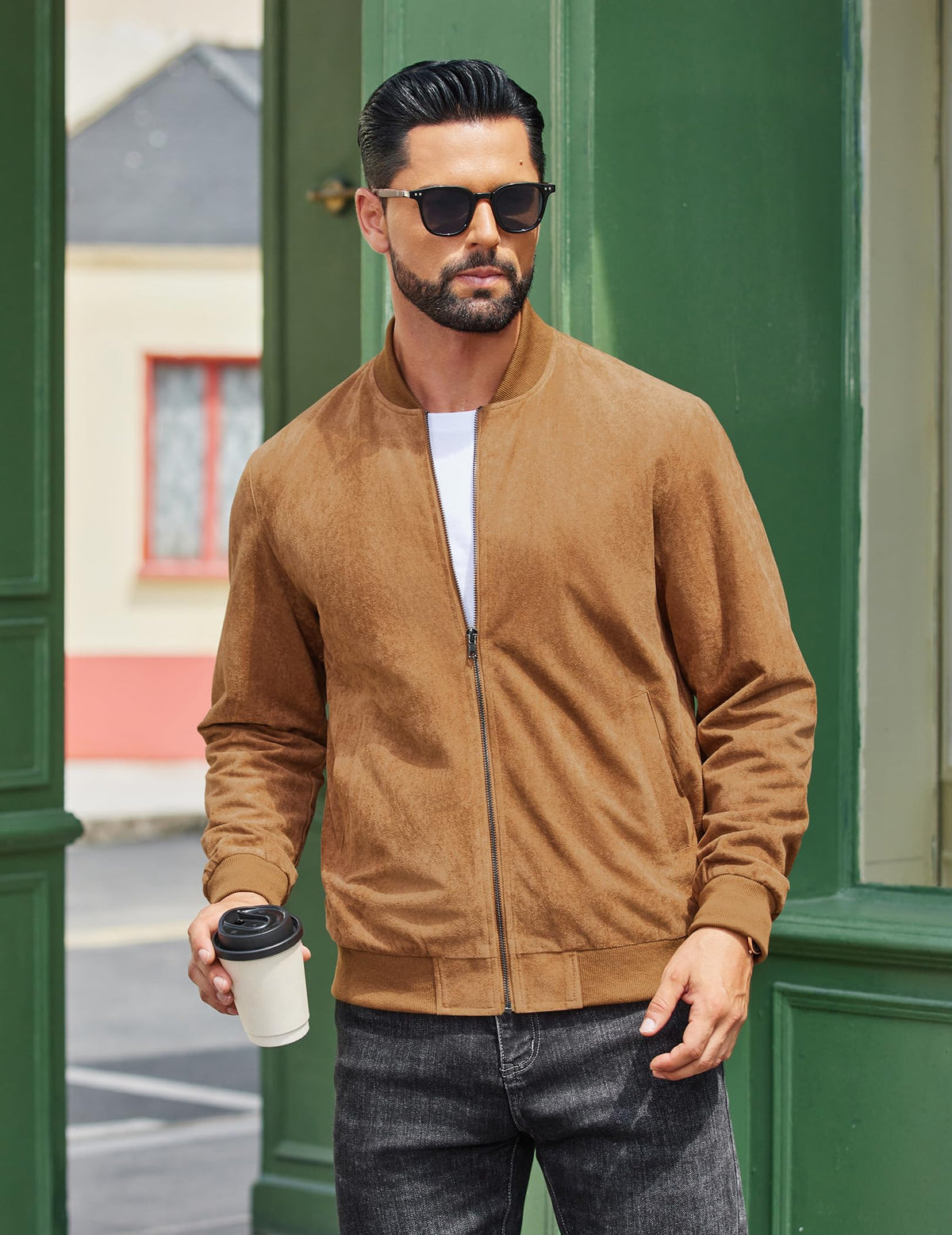 COOFANDY Mens Suede Jackets Lightweight Bomber Jackets Casual Vintage Jackets Faux Leather, Light Brown, Medium