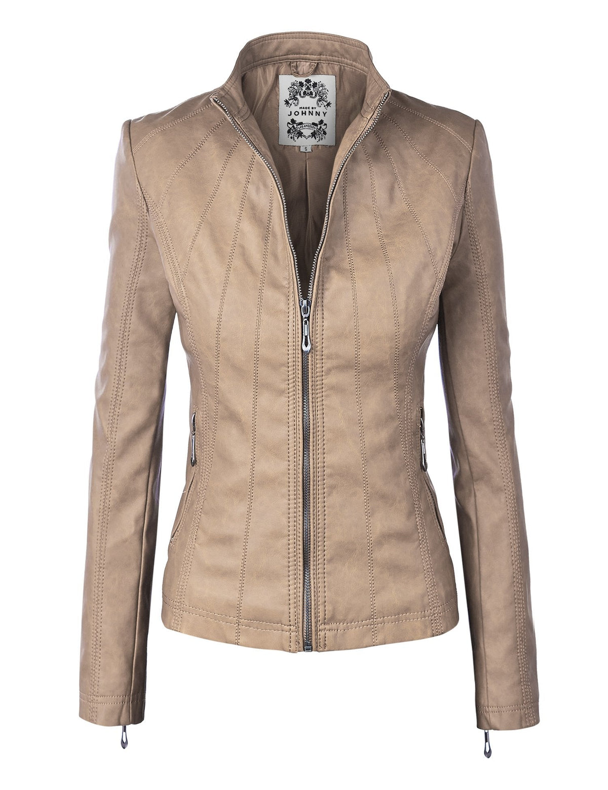 Made By Johnny MBJ WJC877 Womens Panelled Faux Leather Moto Jacket XL Khaki