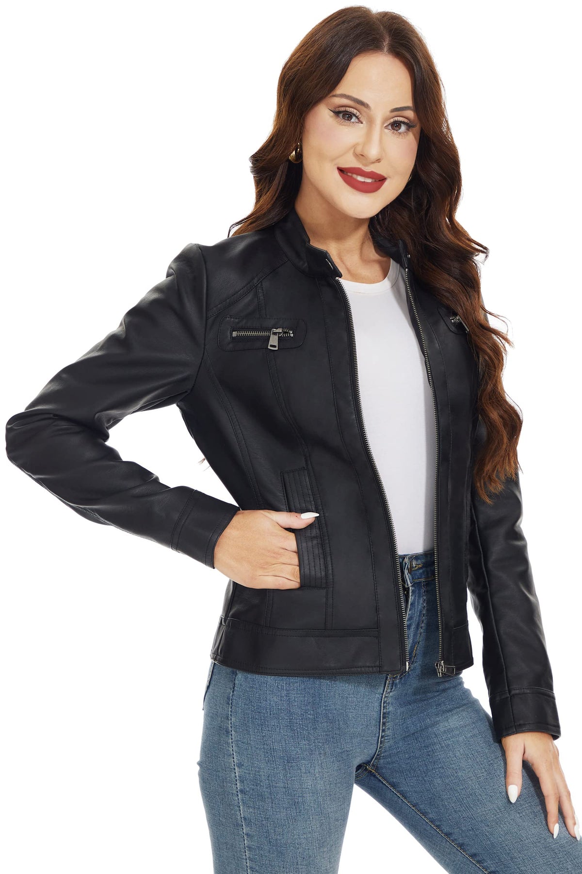 Fahsyee Women's Faux Leather Jackets, Zip Up Motorcycle Short PU Moto Biker Outwear Stand Collar Coat Size L Black