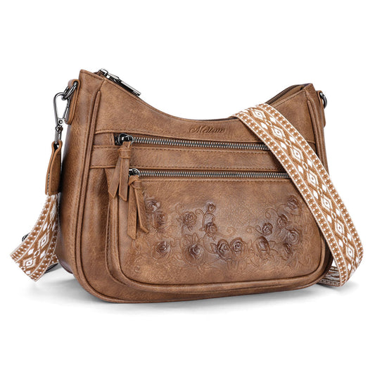 MEITRUE Crossbody Bags for Women Vegan Leather Medium Hobo Purse Women's Hobo Bag Shoulder Handbag with Rose Embossed Design Detachable Wide Strap