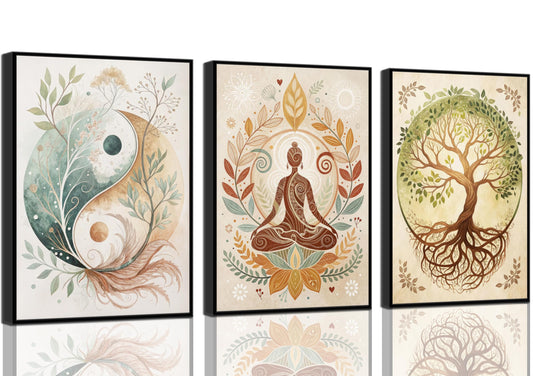 3 Pcs Tree of Life Canvas Wall Art Lotus Zen Painting Pictures Wall Decor Yin Yang Taichi Spiritual Prints Posters for Living Room Yoga Room Hotel Bedroom Home Decor 12x16in Unframed