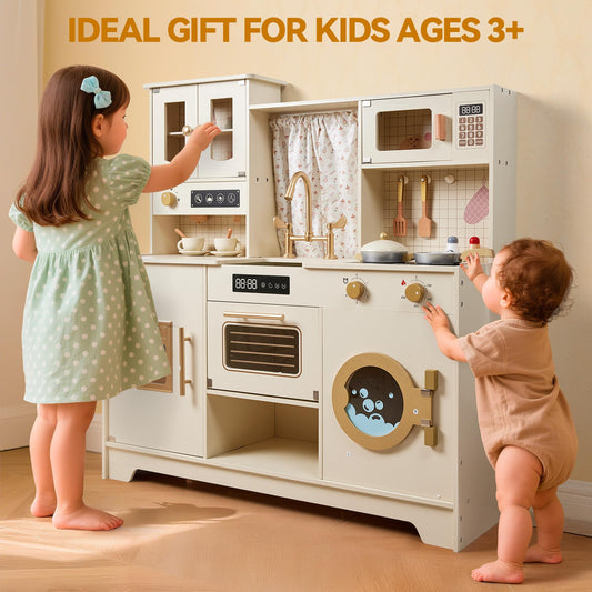 Play Kitchen for Kids Wooden Pretend Play Kitchen Set Toy Toy Kitchen with 26 Pcs Toy Food & Cookware Accessories Gift for 3+ Year Old Girls & Boys (Bean Green)