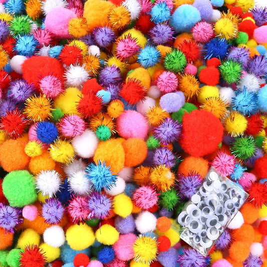 Caydo 2000 Pieces Assorted Sizes Multicolor Pompoms Glitter Pom Poms with 4 Sizes Wiggle Eyes for Easter Decorations, Hobby DIY Art Craft Supplies