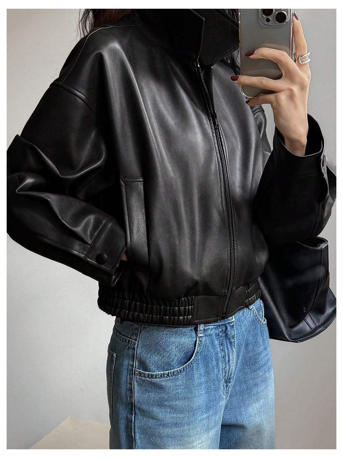 Milumia Women's Faux Leather Zip Up Jacket Vintage Collared Long Sleeve Motorcycle Jackets Black Small