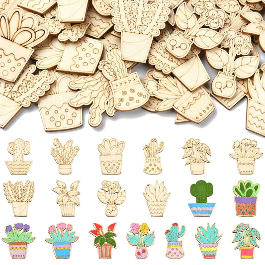 Gythara 100 pcs Mixed Styles Cactus Potted Theme Unfinished Wood Cutout Charms Tropical Desert Plant Flower Wood Slices for DIY Painting Art Craft Home Party Decor Embellishments