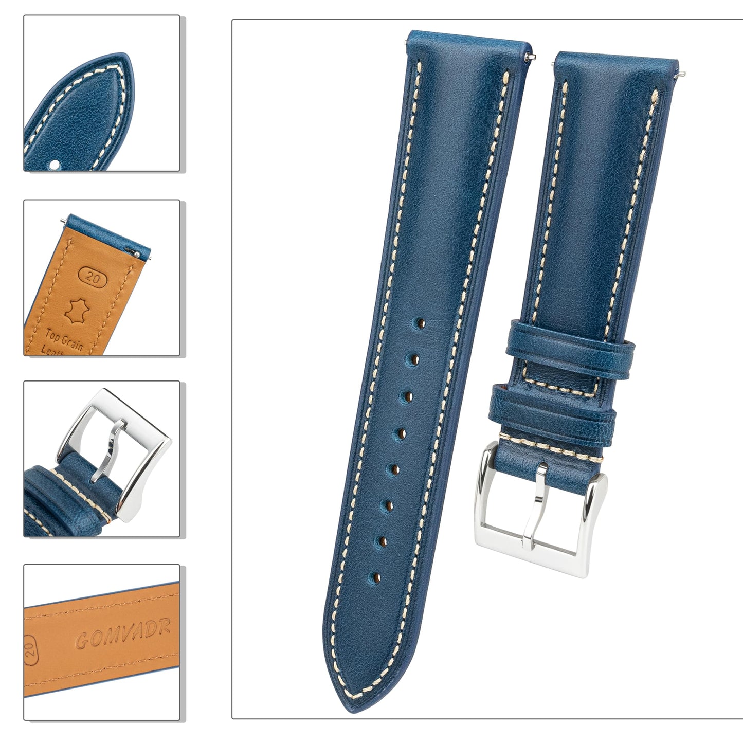 Gomvadr Vintage Genuine Top Grain Leather Watch Strap Quick Release, 18/19/20/21/22/24mm, Silver/Black Buckle, Universal Fit Unisex for Daily Wear (Blue with Silver Buckle, 21mm)