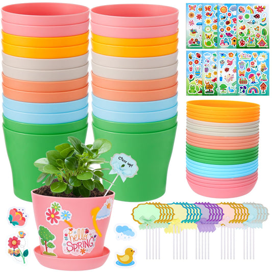 Durable Resin Garden Pot Craft Kit for Kids- 24 Pack Colorful Flower Plant Spring Crafts with Super-adhesive Stickers & Blank Labels School Activities Growing Kit for Classroom Home DIY Gift 4+ years