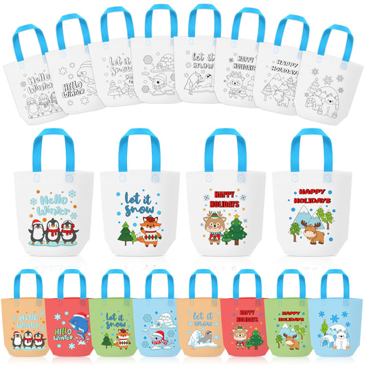 Polar Animals Coloring Goodie Bags for Kids - 24Pcs Winter Bulk Color Your Own Gift Bags with Handle Hello Winter Reusable Non Woven Coloring Tote Packet for DIY Painting Crafts Holiday Party Favors