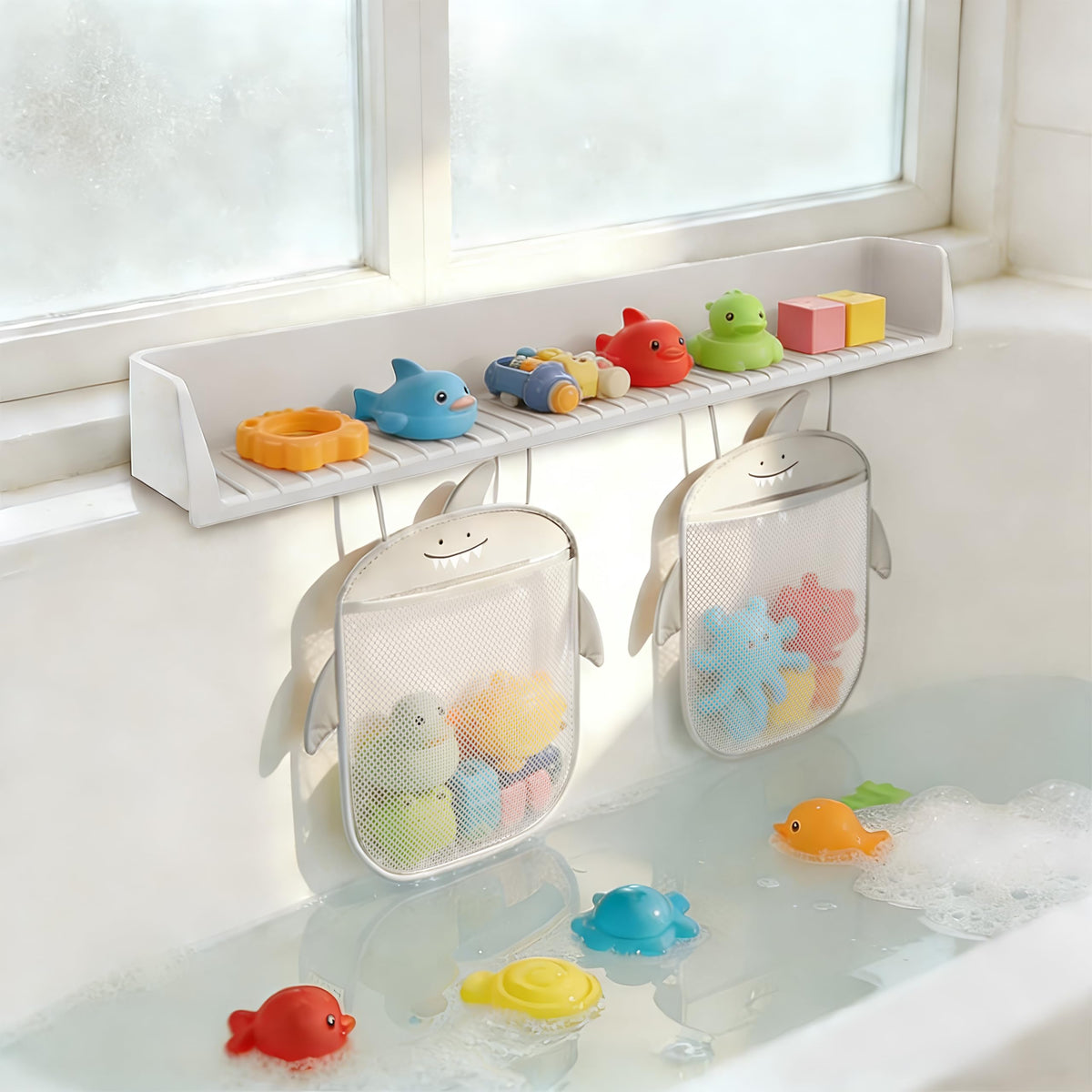 Grihmzo Extra-Long 31.5 Inch Bathtub Splash Guard for Kids,2 Storage Pockets Large Capacity Bath Toy Caddy Holder,Silicone Water Shield Prevent Bathroom Spills