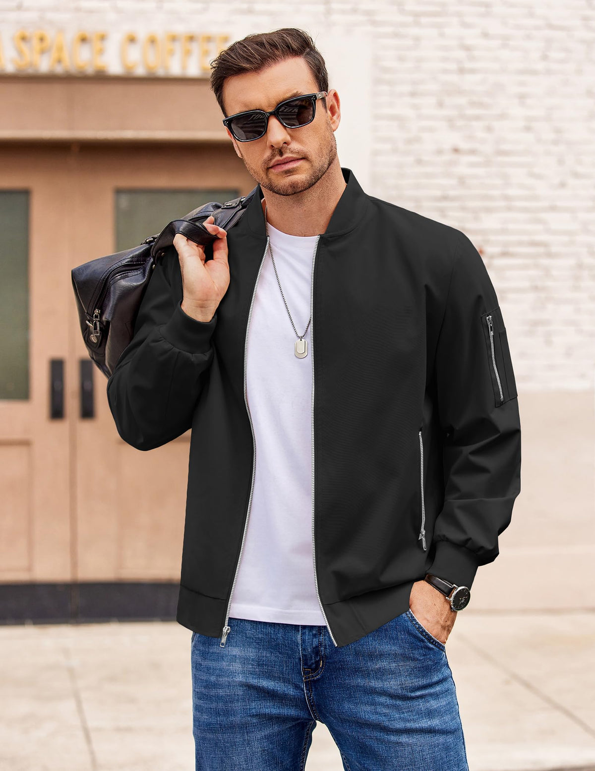 COOFANDY Black Bomber Jacket Lightweight Casual Windbreaker Spring Fall Zip Up Jackets Polyester Coat With Pocket L