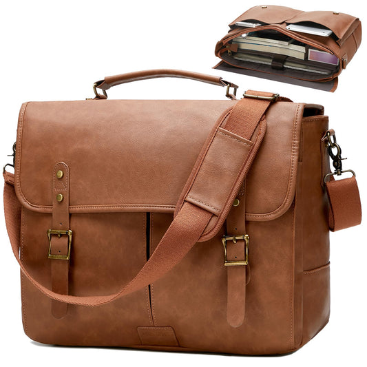 Leather Messenger Bag for Men Women, 15.6in Laptop Briefcase Vintage Waterproof Laptop Bag Shoulder Bags for Business Work Travel, Light Brown Satchel Office Bag
