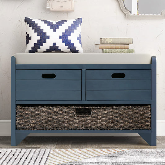 P PURLOVE Wood Storage Bench with Removable Basket and 2 Drawer,Fully Assembled Entryway Storage Bench Shoe Bench with Removable Cushion for Hallway Entryway Living Room